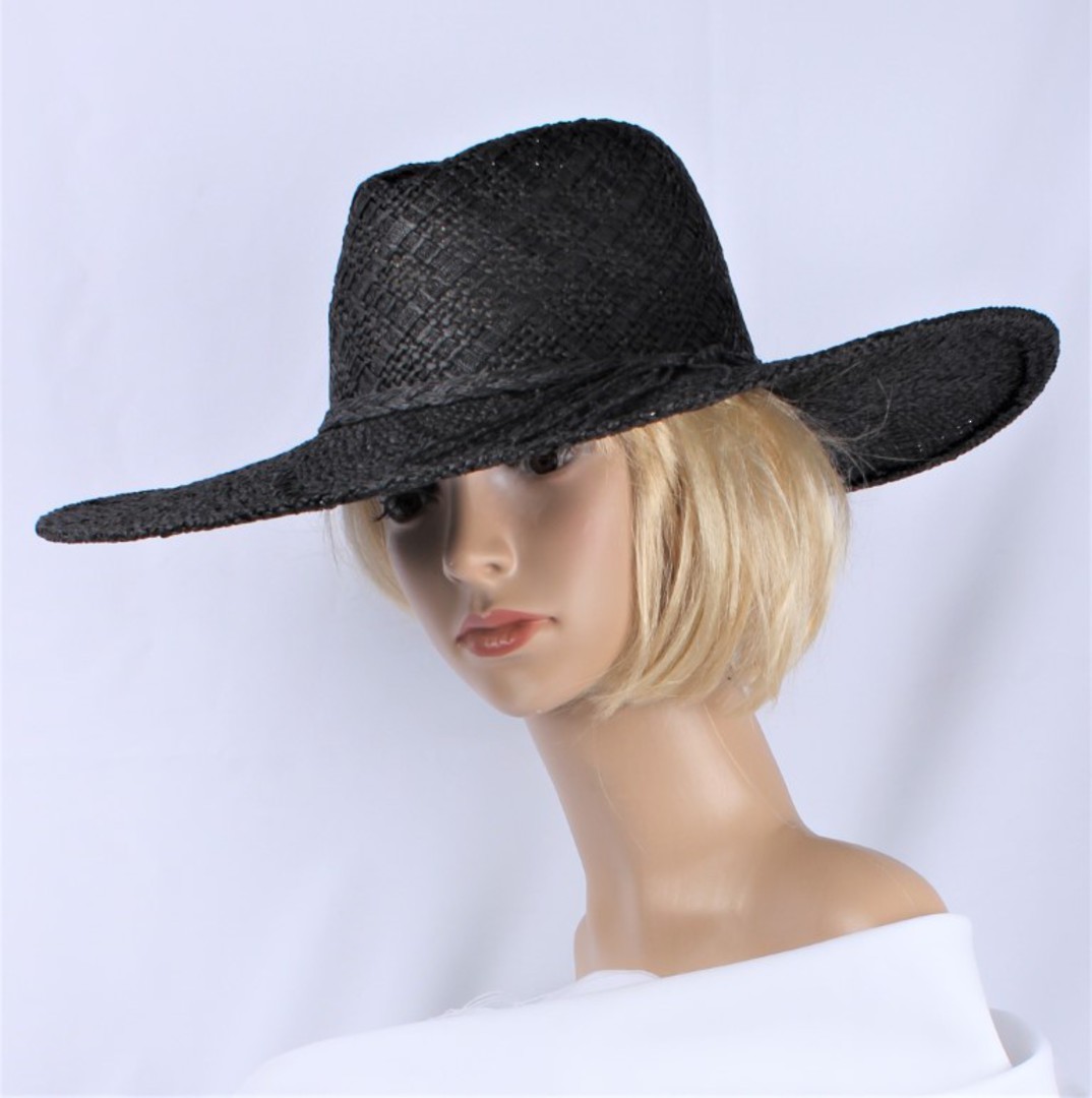 HEAD START  crocheted straw fedora w wide brim and band black Style:HS/5013 image 0